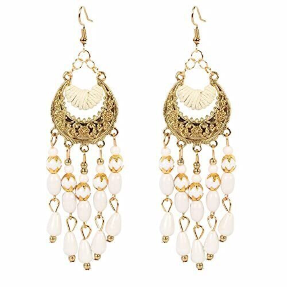 7302 Vintage Bohemian Beaded Red Tassel Earring Layered Drop Dangle